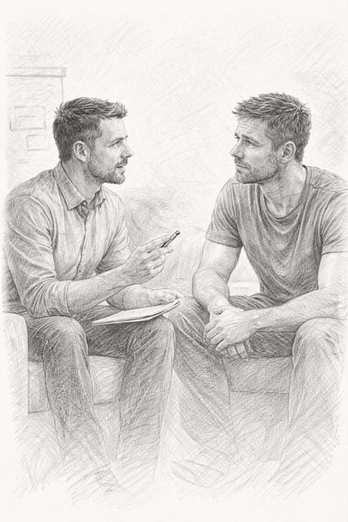 Homme discutant avec un coach pour comprendre et dépasser sa jalousie dans son couple